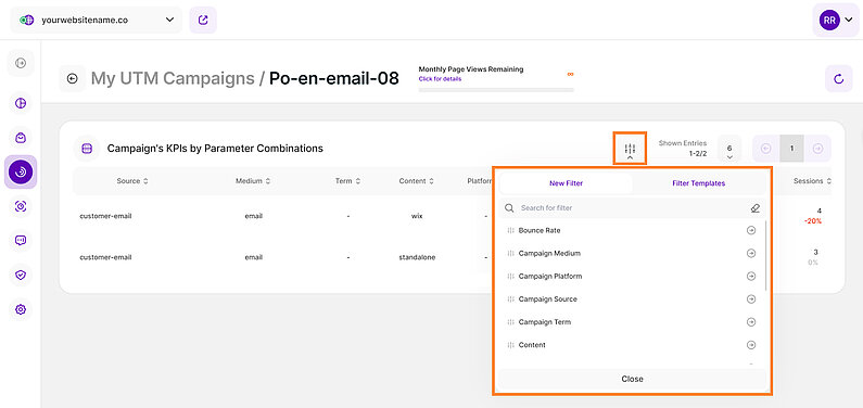 Filter für die UTM-Kampagnen-Detailansicht